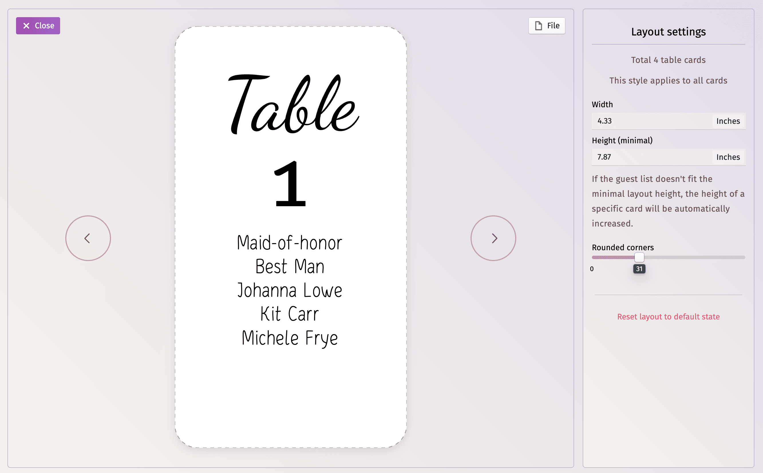 Rozhraní editačních karet stolů