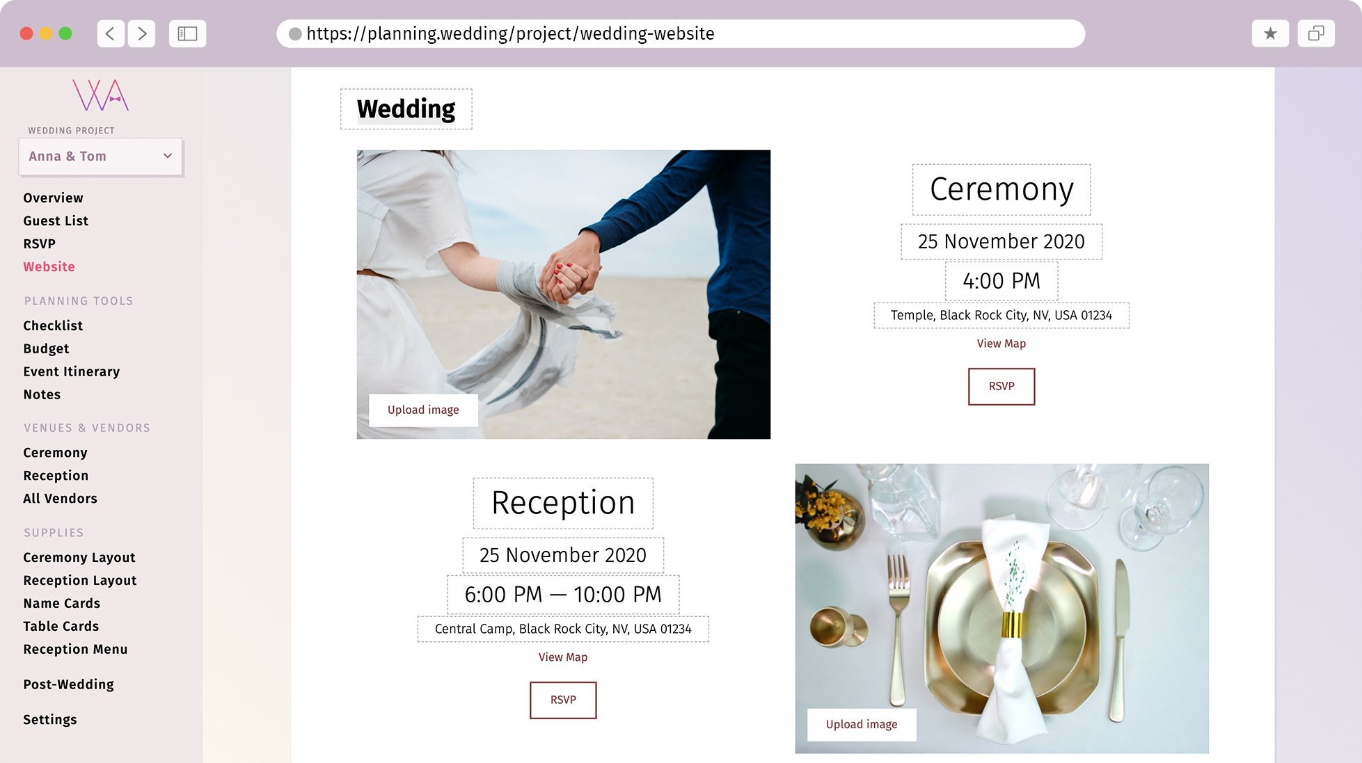 Interfața site-ului de nuntă edita