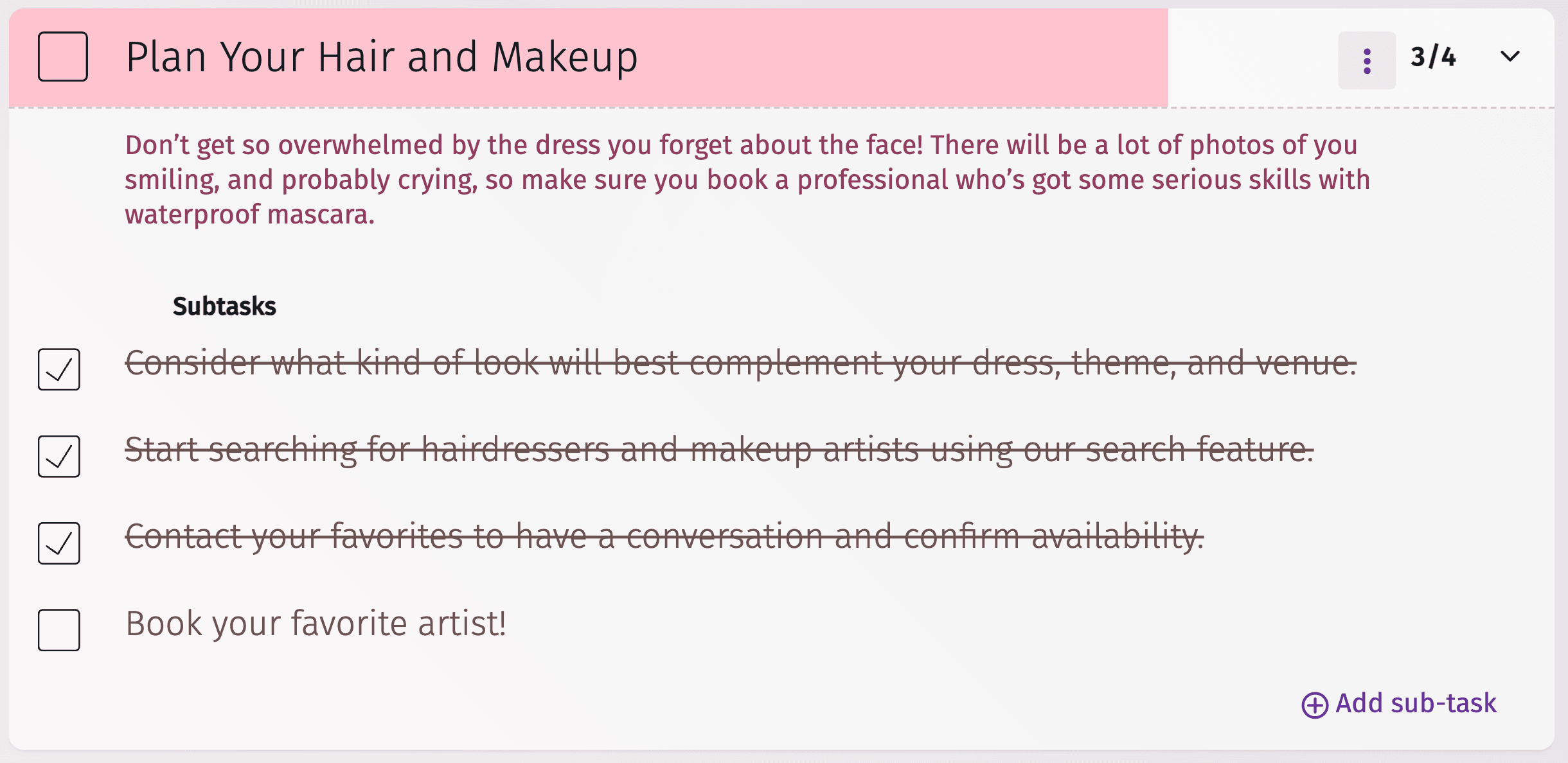 Checklist for hair and makeup