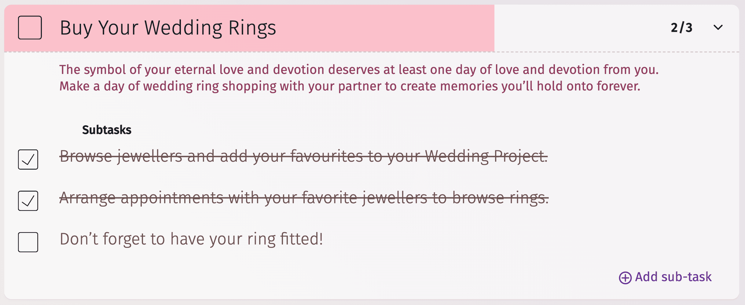 Checklist for wedding ring