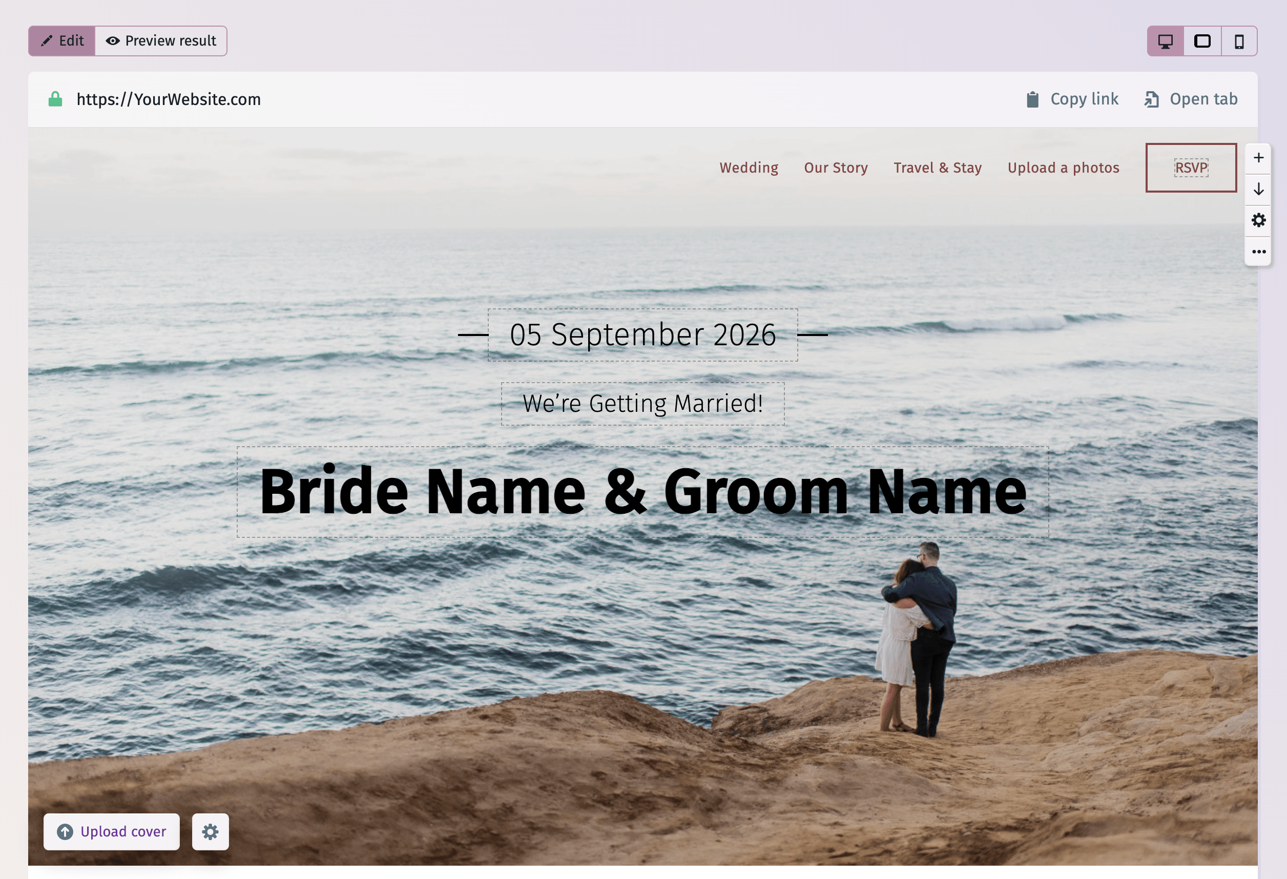 A screenshot of a wedding website homepage that warmly welcomes visitors with a polished message, gentle pastel tones, and graceful typography.