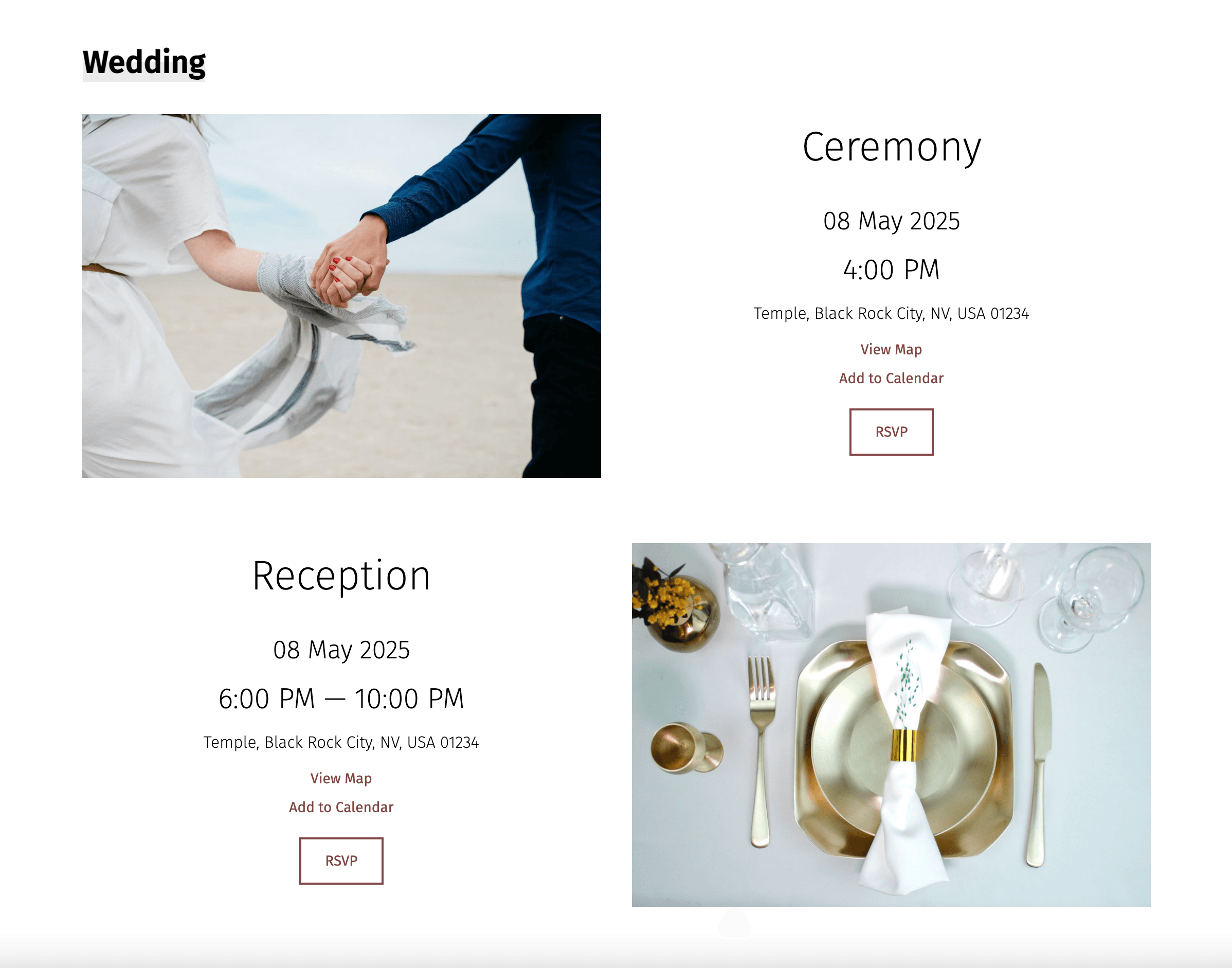 A detailed view of a wedding RSVP layout, designed with intuitive navigation, clear form sections, and timeless wedding motifs.