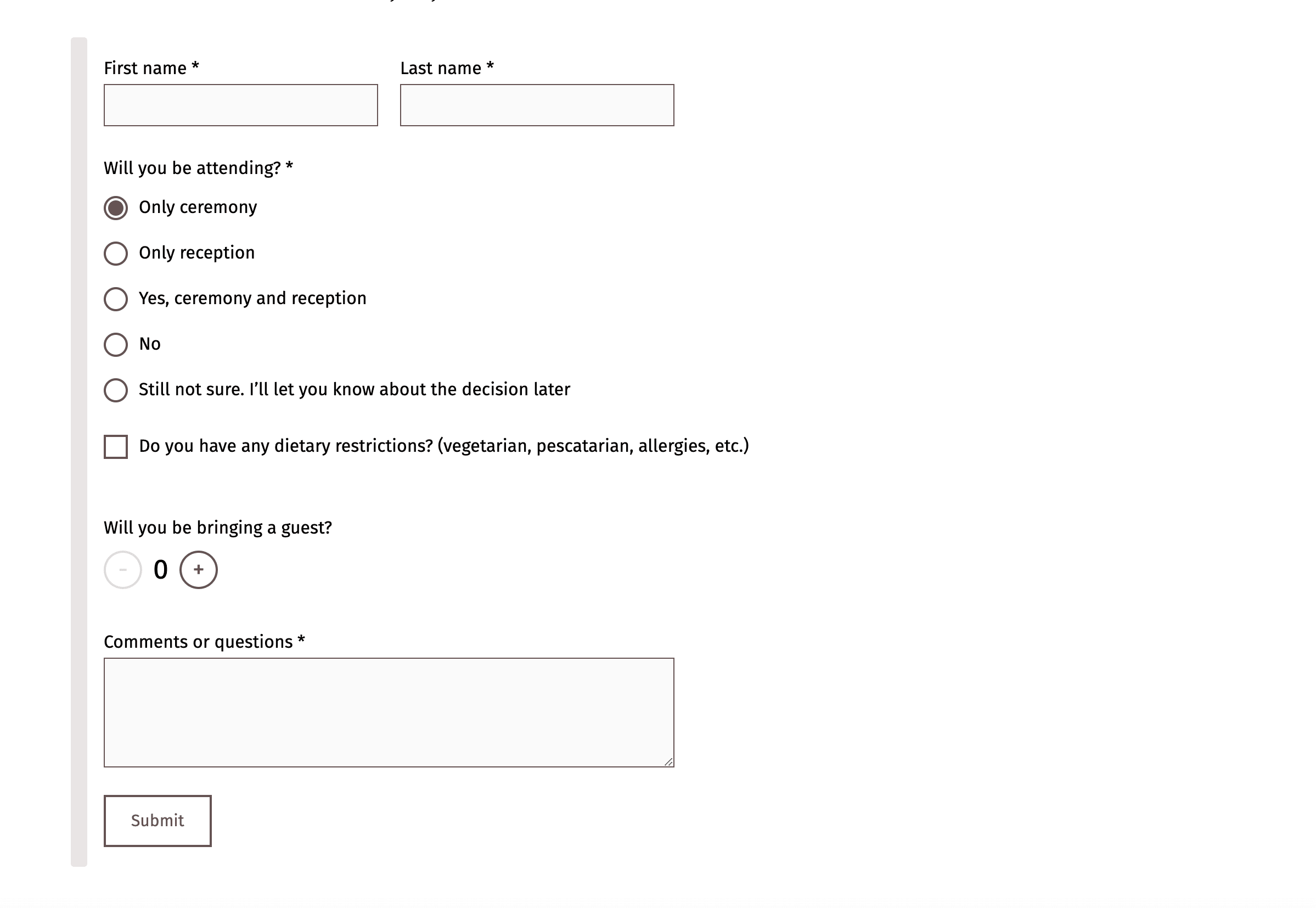 A wedding website FAQ section with clear headings, readable text, and helpful icons addressing common planning questions.